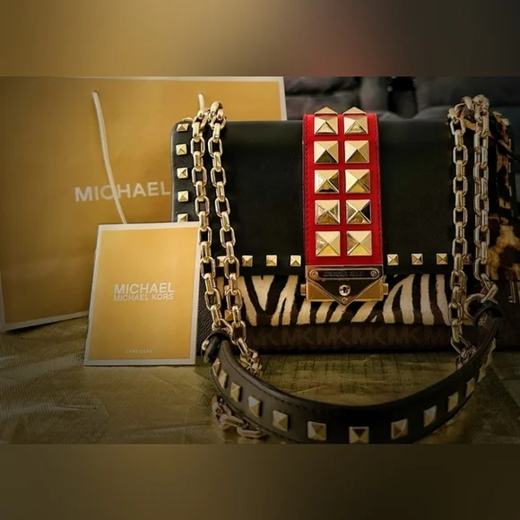 Michael Kors Cece Medium Logo Mixed-Media Convertible Black & Red Studded Bag - Picture 10 of 15